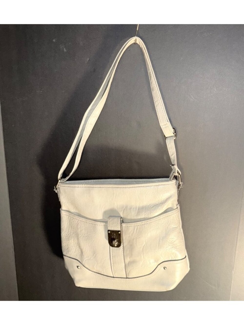 Style & Co White Crossbody Flap Closure Adjustable Strap Pebbled Vegan Leather B